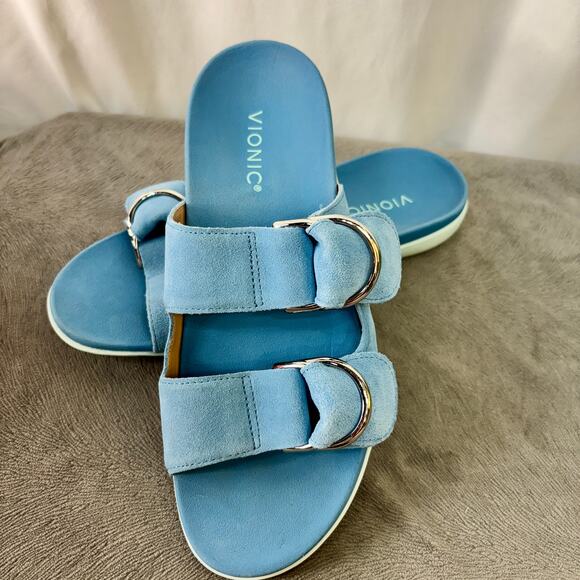 Vionic Shoes - Vionic Mirage Corlee Slip On Slide Sandals Sky Suede Blue Women's US 9 2 Strap